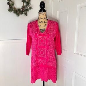 Johnny Was Pink Georgette Eyelet Embroidered Tunic Top